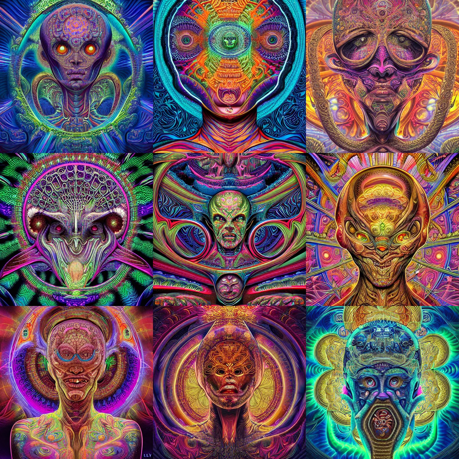 Prompt: a intricate ornate psychedelic image of a alien, digital art by felix kelly, alex grey, dan mumford, artgerm, psychedelic art, psychedelic, fractalism, fractals, sacred geometry, artstation, detailed, art, hyper realism, hyper detailed, cgsociety, ue 5, hd, 3 d