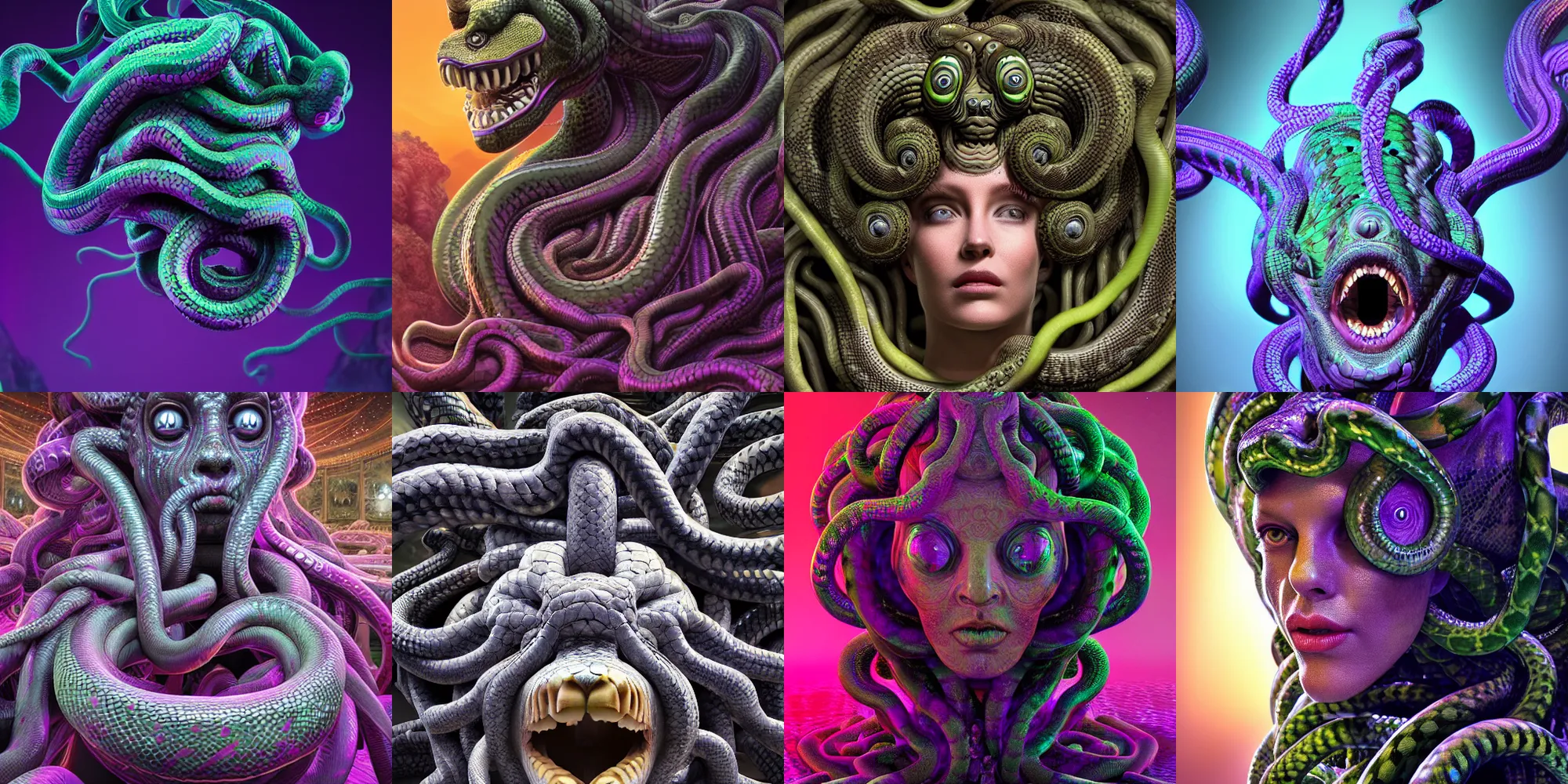 Prompt: beautiful medusa gorgon head highly detailed snakes, cosmic horror, ghostly, arcade, duotone, poltergeist, epic lighting, intricate, elegant, smooth, sharp focus, photo real, ultra realistic, unreal engine 5, raytracing, in the style of beeple and mike winkelmann, ultraviolet colors,