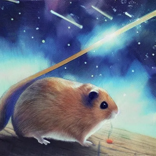 Image similar to japanese hamster samurai. with long sword. anime art. painting. rain of meteors on background. hyper realistic image