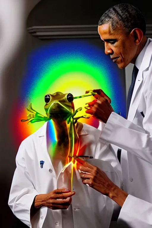 Prompt: president Obama wearing a lab coat injecting a rainbow into a frog