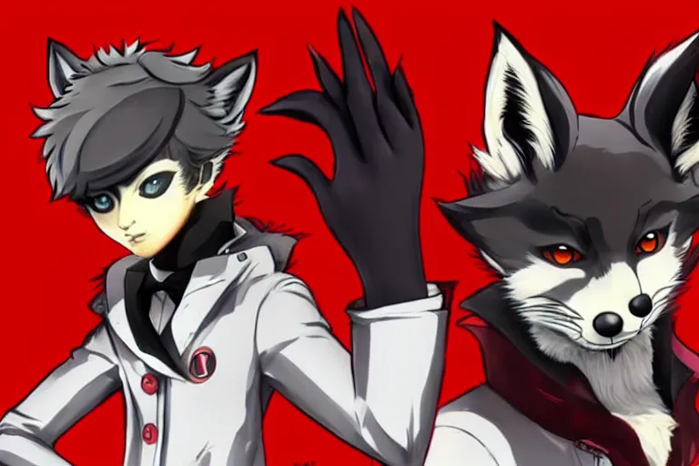 Image similar to a furry tan male fox on a persona 5 : royal ( by atlus ) video game splash screen, a furry male sandcolored tan fox fursona ( has hair ), persona 5 phantom thief style