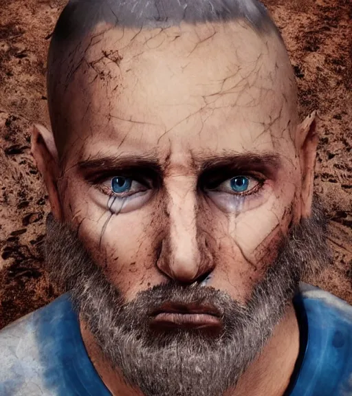 Image similar to portrait of muscular, tired and alcoholic 3 0 - year - ol 5 grieving man with short darkblonde hair, serious sad look in his eyes, looking down, dirty beard, blue eyes, crying tears, wearing dirty soldier uniform, on the desert, sad atmosphere, hyper realistic face, character art, art by mark brooks, cryengine, trending on artstation, digital art