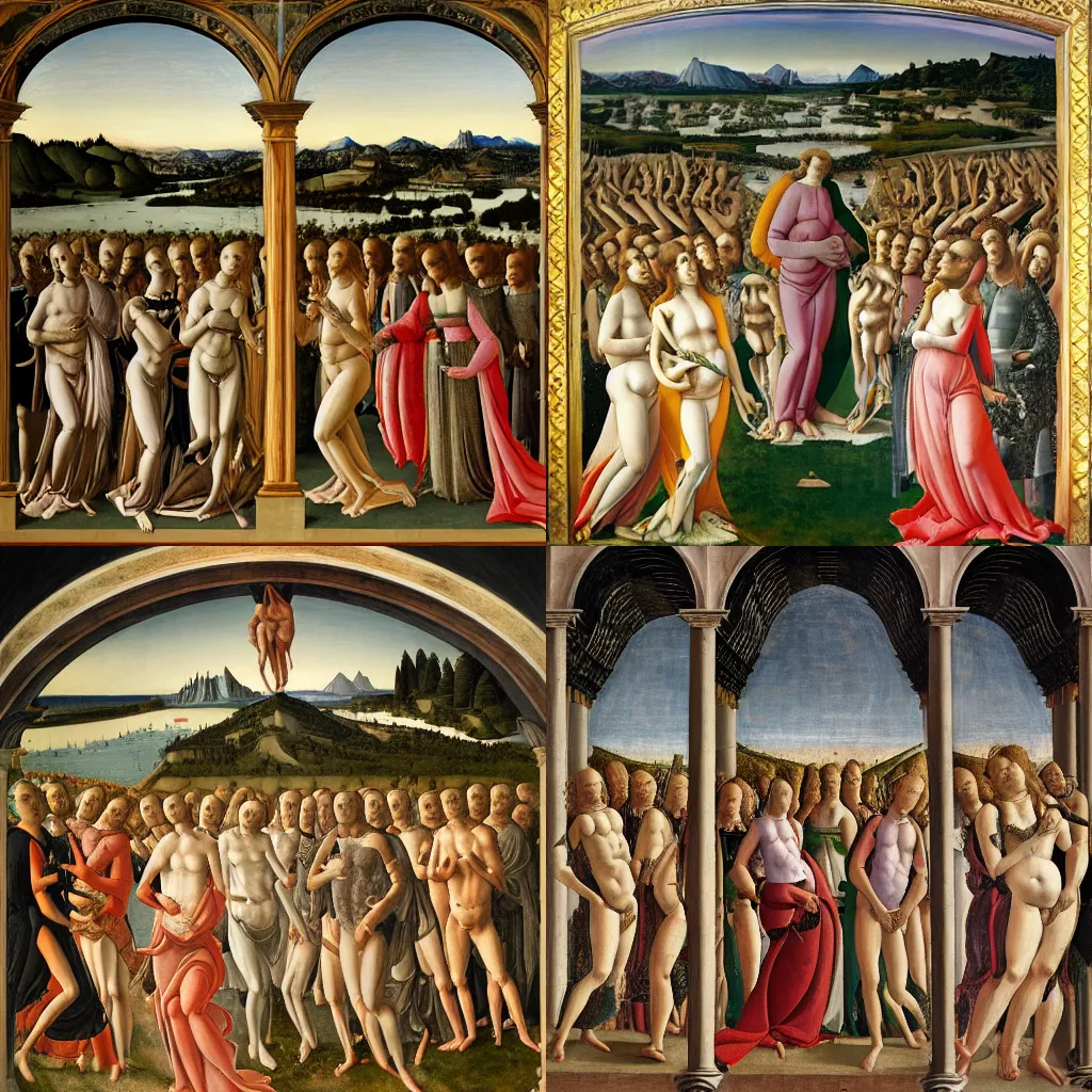 Prompt: Divine Comedy in 21st by Sandro Botticelli, oil on canvas, masterpiece, magnum opus, trending on artstation, no frames, 8K, high details, sharp,