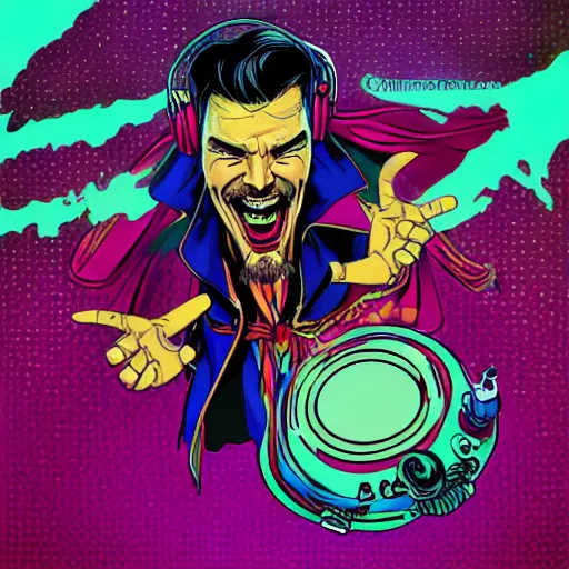 Image similar to artgerm, psychedelic laughing cybertronic dr. strange, rocking out, headphones dj rave, digital artwork, r. crumb, svg vector