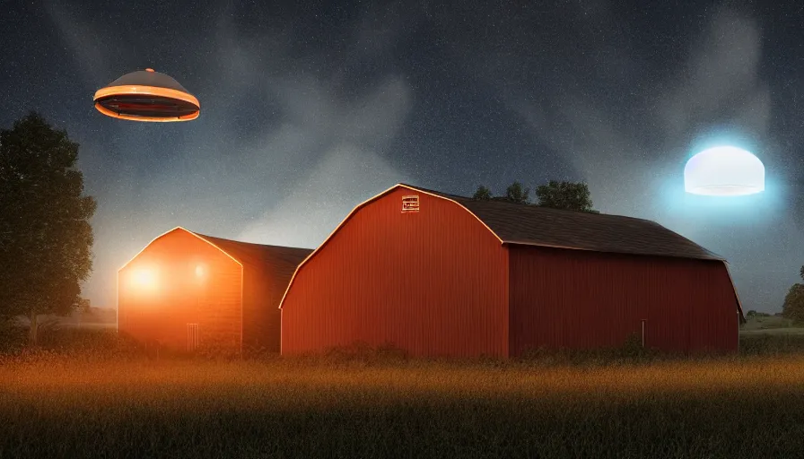 Prompt: a ufo floats over a barn with a broken roof, debris is ascending toward the ufo, volumetric lighting, night, photorealistic rendering, color palette, 8 k