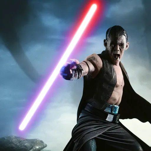 Image similar to evil mutant corrupted rey, using the force to kill, sith lord, dark side, cinematic movie image, both hands raised to use the force, yellow eyes, hd star wars photo