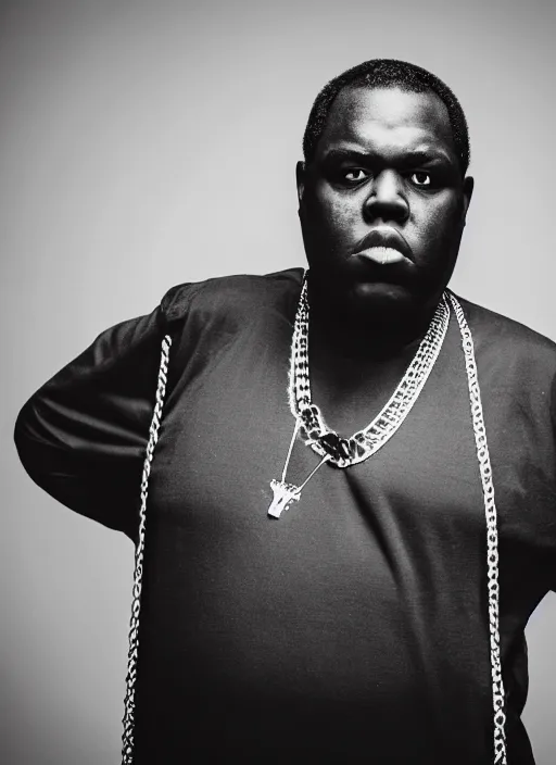 Prompt: DSLR photo portrait still of 50 year old age 50 Notorious BIG at age 50!!!, 85mm f1.8