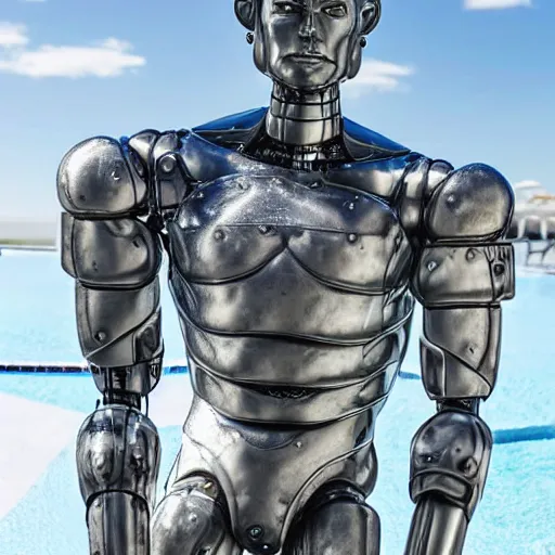 Image similar to twitch streamer / gamer ludwig, ice statue, blank stare, a realistic detailed photo of a guy who is an attractive humanoid who is half robot and half humanoid, by the pool, posing like a statue, showing off his muscles, made of ice, shiny skin, on display, who is a male android, humanoid robot