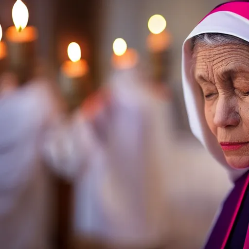 Prompt: a portrait photograph of a serious, spiritual, 6 8 - year - old nun praying in a church, lit by candles, portrait canon 8 5 mm f 1. 2 photograph head and shoulders portrait