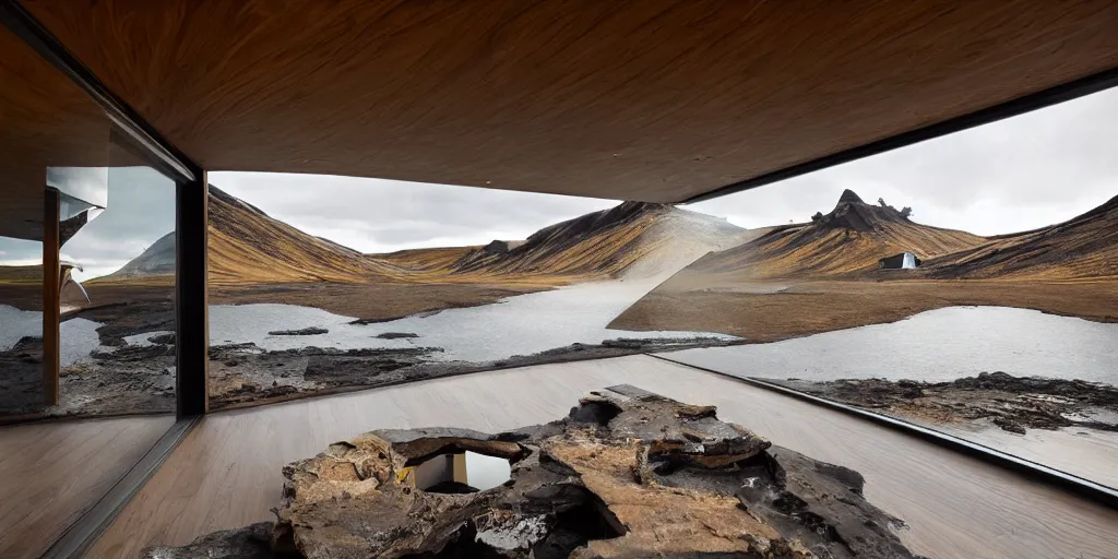 Image similar to futuristic architect house made from deconstucted burnt wood and mirrors, floating, portal, refraction, iceland landscape photography, by lurie belegurschi and gunnar freyr