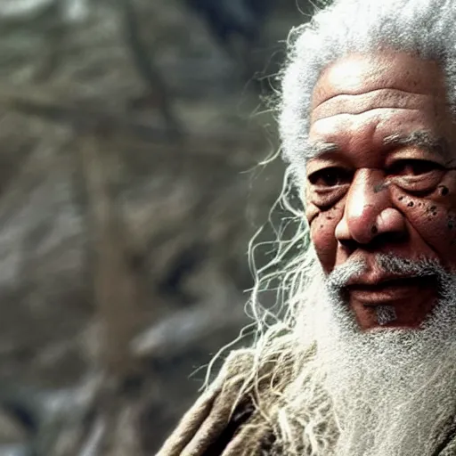 Prompt: still of morgan freeman in lord of the rings as gandalf