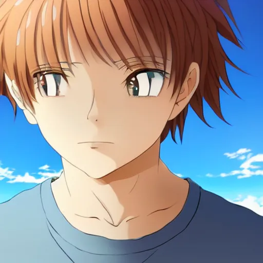 Image similar to Anime boy standing on the beach, smiling at the camera. Blue sky. Anime Still frame.