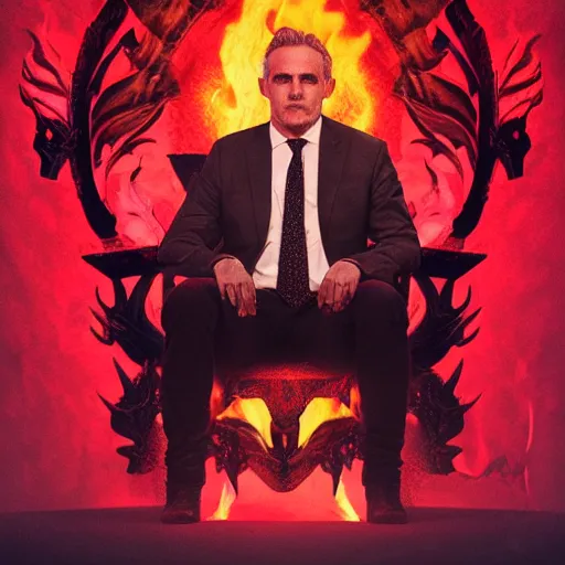 Image similar to jordan peterson seated on the throne of hell, highly detailed, fiery, red hues, lens flare