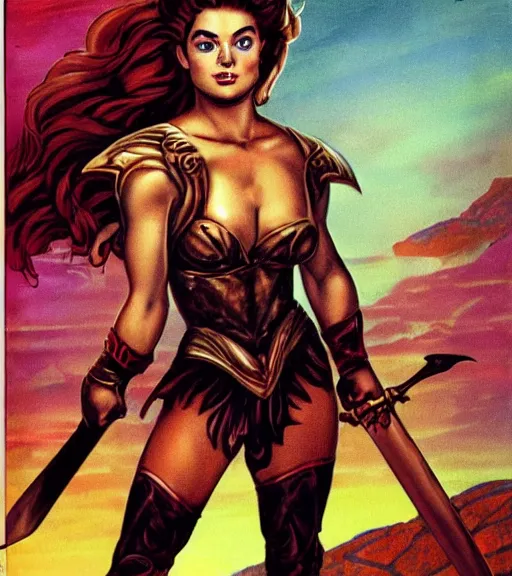 Image similar to 1 9 8 0 s fantasy novel book cover, amazonian ariel winter in extremely tight bikini armor wielding a cartoonishly large sword, exaggerated body features, dark and smoky background, low quality print