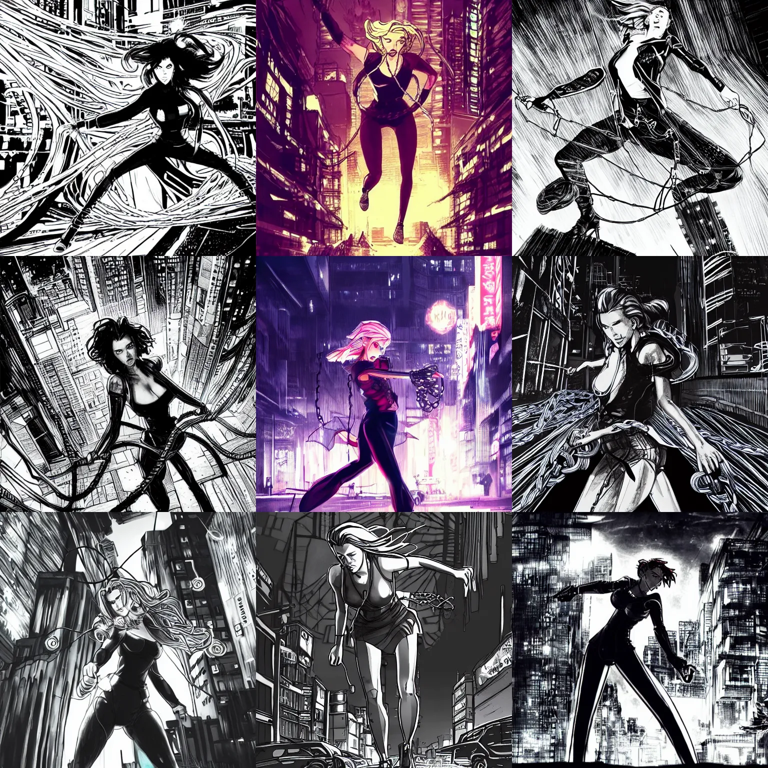 Prompt: scarlett johansson spinning with swinging chains in one punchman anime style, pencil and ink manga, full body action pose, dramatic lighting in a post apocalyptic cyberpunk city, at night with dramatic moonlight, drawn with added movement effects