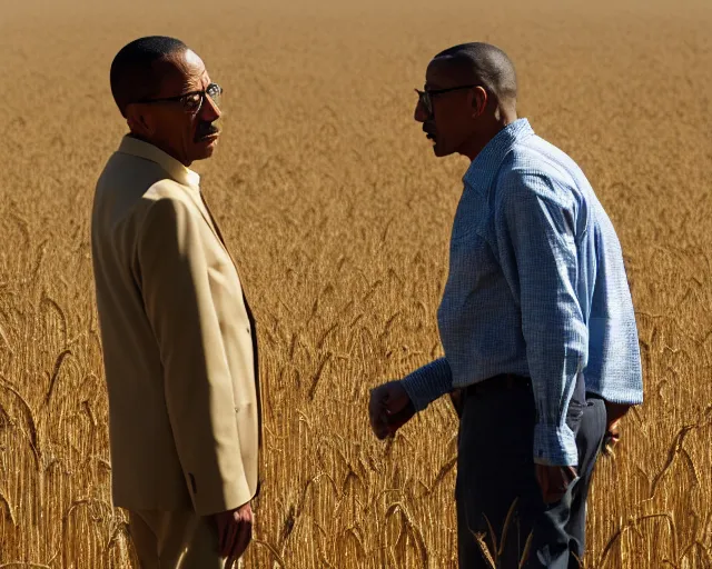 Image similar to extreme long shot of walter white and gustavo fring standing facing each other from a distance in a wheat field, low angle, side view, perfect angle, 8 5 mm photograph, 8 k resolution, wide shot, sharp lens, high detail, cinematic