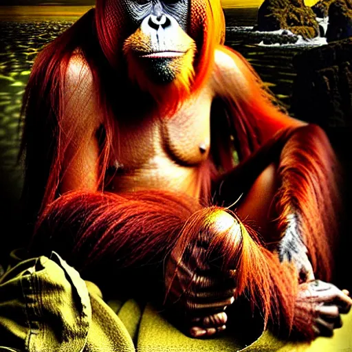 Image similar to a orangutan as the king of a kingdom sitting on his throne, digital art, renaissance painting, fantasy art, ultra detailed, as coherent as Dall-E 2