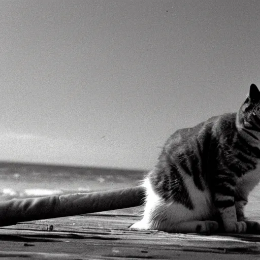 Prompt: a cat lighting a cigar on a beach in 1980, 30mm film n- 6