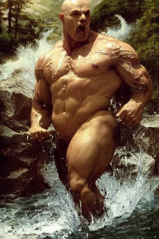 Image similar to martyn fords as huge muscular demon with ram's horns and emerging from lake in rockies, water splashing cascading, beautiful day, by albert bierstadt, ruan jia, lawrence alma tadema, zdzislaw beksinski, norman rockwell, jack kirby, tom lovell, greg staples