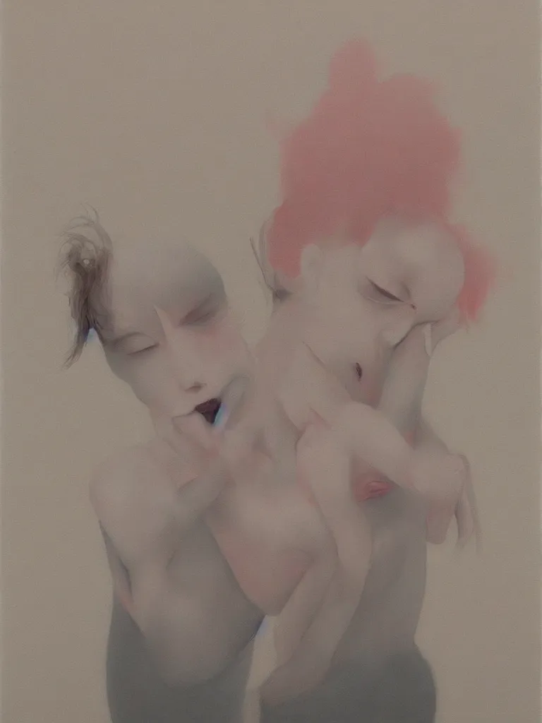 Prompt: cute, yet also unsettling and sinister neo - pop fine art figurative fine art painting by yoshitomo nara in an aesthetically pleasing natural and pastel color tones