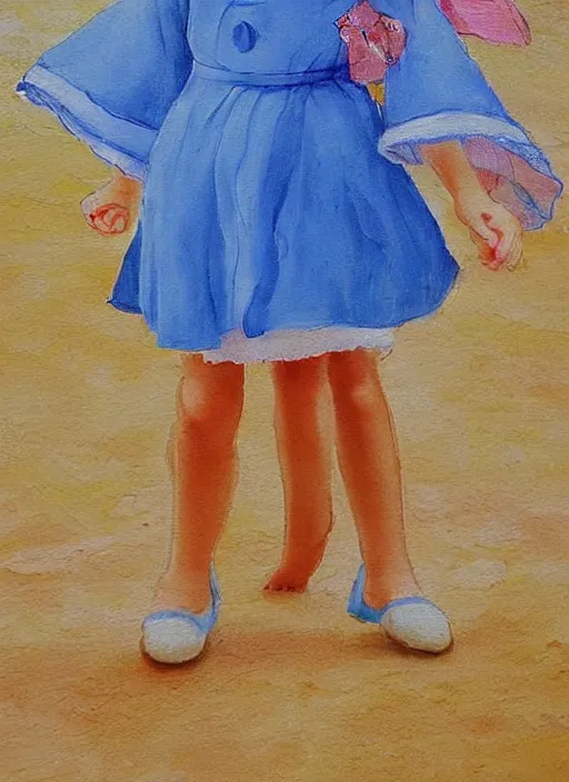 Prompt: a cute little girl with golden blonde hair and blue eyes standing in a picturesque french village wearing a sky blue summer dress. detailed face. beautiful painting by hayao miyazaki