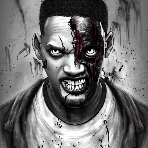Image similar to a zombie Will Smith, by WLOP, horror, wounds, bloody, dark fantasy, trending on artstation