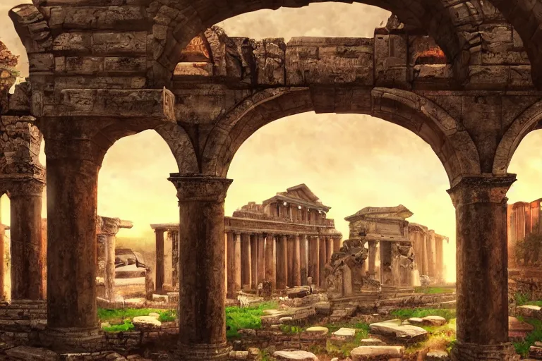 Image similar to ancient roman structures, retrowave epic art, trending on art station