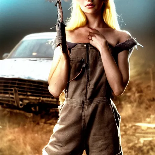 Image similar to a skinny female high-fantasy elf with a long face narrow chin and short spiky blonde hair wearing dark brown overalls and holding a bomb next to a destroyed car, gel spiked blond hair, small ears, narrow lips, high resolution film still, HDR color