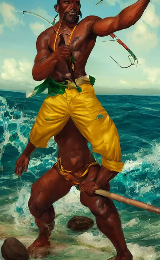 Prompt: character concept of a singular Jamaican fisherman posing in a battle stance in the Jamaican sea, colors of Jamaica, by Ross Tran and Artgerm and Peter Mohrbacher