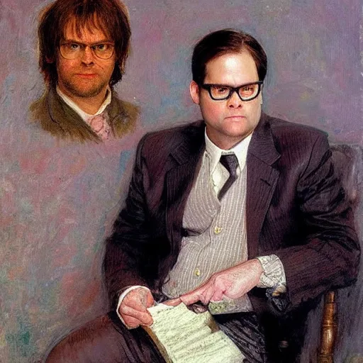 Prompt: dwight schrute and michael scott portrait by ilya repin