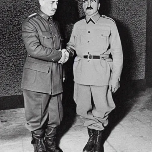 Image similar to an old world war 2 photograph of stalin shaking hands with kanye west