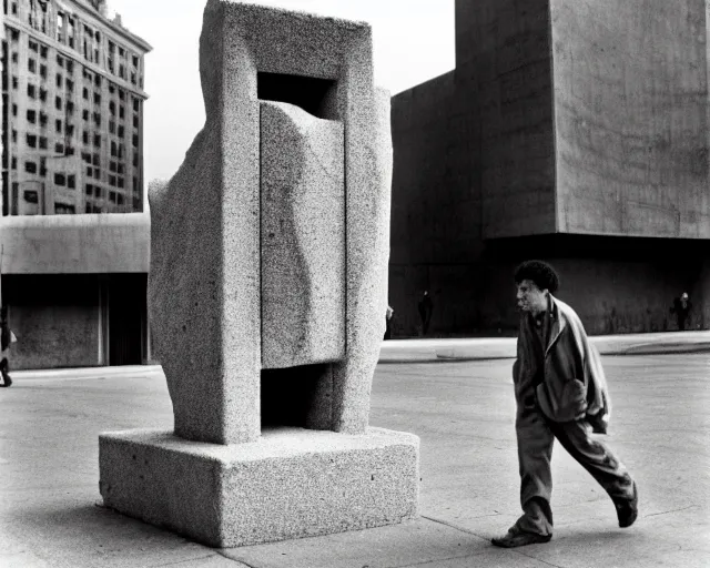 Image similar to by bruce davidson, andrew boog, mystical photography evocative. an fractal concrete brutalist carved sculpture, standing in a city center.