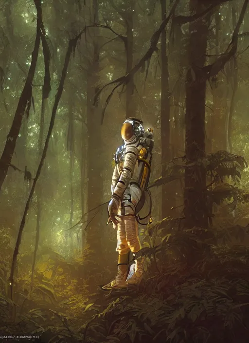 Image similar to astronaut in a forest, D&D, fantasy, intricate, cinematic lighting, highly detailed, digital painting, artstation, concept art, smooth, sharp focus, illustration, art by Terry Moore and Greg Rutkowski and Alphonse Mucha