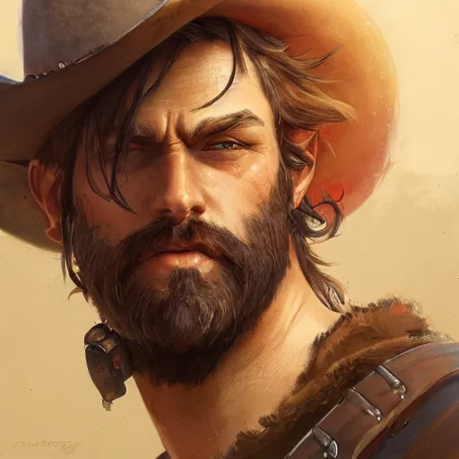 Prompt: rugged bearded cowboy, painted fantasy character portrait, headshot, fantasy, highly detailed, digital painting, artstation, concept art, sharp focus, illustration, art by artgerm and greg rutkowski and alphonse mucha