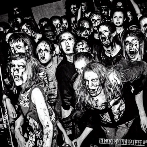 Image similar to zombies at a punk rock concert, highly detailed photo from 1985, black and white