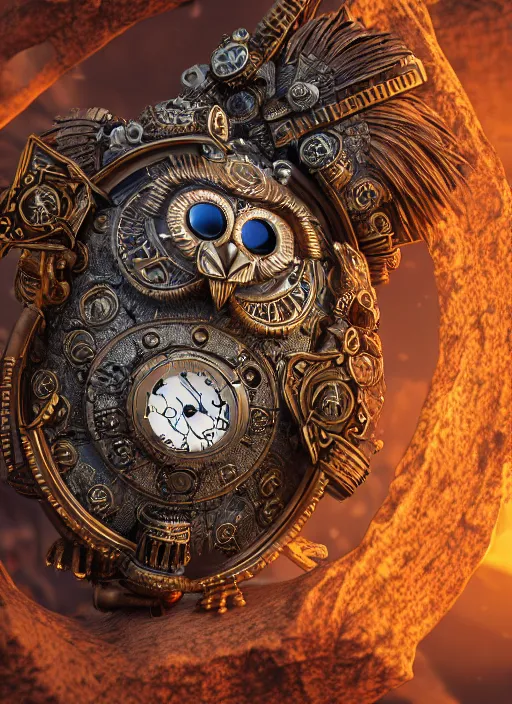 Image similar to steampunk aztec owl pocketwatch, intricate detail, volumetric lighting, epic composition, hyper detailed, ultra realistic, sharp focus, octane render, lava lamp, blue moon, volumetric, ray tracing, artstation trending, cgsociety, sense of awe, swirling mist, 4 k