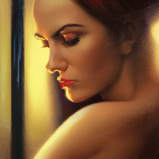 Prompt: detailed face of a woman, lush, opulent, light cascade, shimmer, utopian, tech noir, wet reflections, prism, atmospheric, ambient, pj crook, syd mead, livia prima, artgerm, greg rutkowski, nick alm, casey baugh