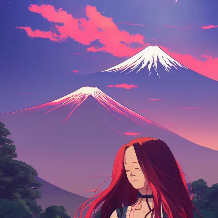 Image similar to portrait of the undertaker, mount fuji background, rich vivid colors, ambient lighting, dynamic lighting, 4 k, hq, official media, anime key visual, makoto shinkai, ilya kuvshinov, lois van baarle, rossdraws, detailed, trending on artstation