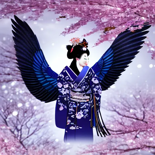 Image similar to a geisha with indigo colored geisha outfit holding out a raven with its wings spread ready to fly. snow falling in the night. japanese cherry blossoms by a babble ultrarealistic 8 k