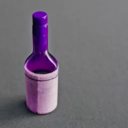 Prompt: a small bottle of purple liquid