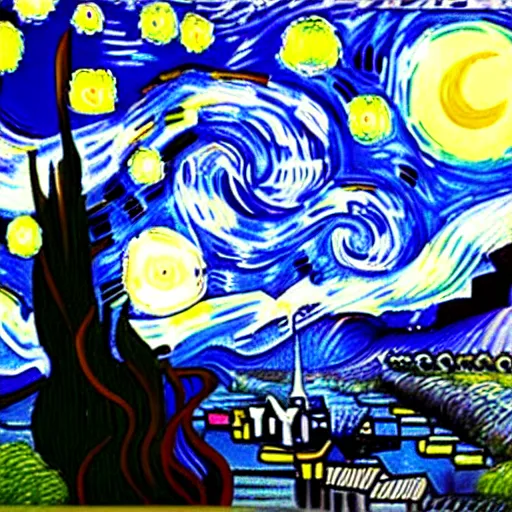 Image similar to van goh a starry night with kittens staring at the moon