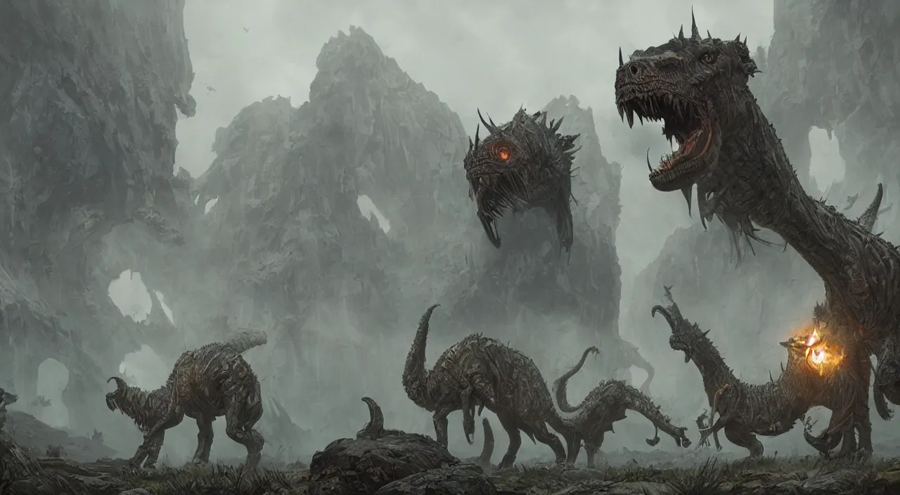 Image similar to technicolor glowing prehistoric beasts, surrounded by slate grey walls, insane details, dramatic lighting, unreal engine 5, concept art, greg rutkowski, james gurney, johannes voss, hasui kawase.