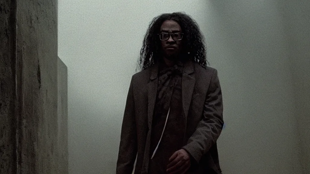 Prompt: a black man with long curly hair wearing glasses, walking out of a the havens gate, extreme detailed face, film still from the movie directed by Denis Villeneuve with art direction by Zdzisław Beksiński, wide lens