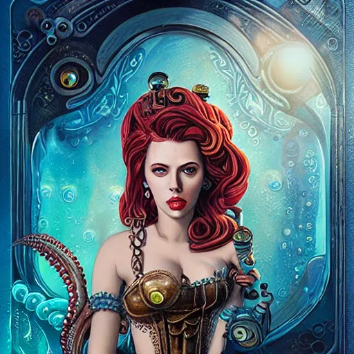 Image similar to underwater mermaid bioshock steampunk victorian portrait of scarlett johansson, octopus, Pixar style, by Tristan Eaton Stanley Artgerm and Tom Bagshaw.