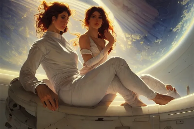 Image similar to Sensuous good looking pale young Spanish doctors wearing jeans in a space station above Earth, portrait, elegant, intricate, digital painting, artstation, concept art, smooth, sharp focus, illustration, art by artgerm and greg rutkowski and alphonse mucha