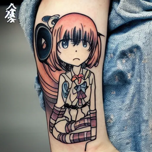 Image similar to anime manga catgirl robotic manga catgirl chibi kawaii by Hayao Miyazaki and Naoko Takeuchi, upper arm tattoo