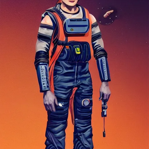 Prompt: character concept art of heroic stoic emotionless butch blond handsome woman space explorer with detailed tribal tattoos, very short slicked - back butch hair, narrow eyes, wearing atompunk jumpsuit, orange safety vest, retrofuture, highly detailed, science fiction, illustration, oil painting, realistic, lifelike, pulp sci fi, cinematic