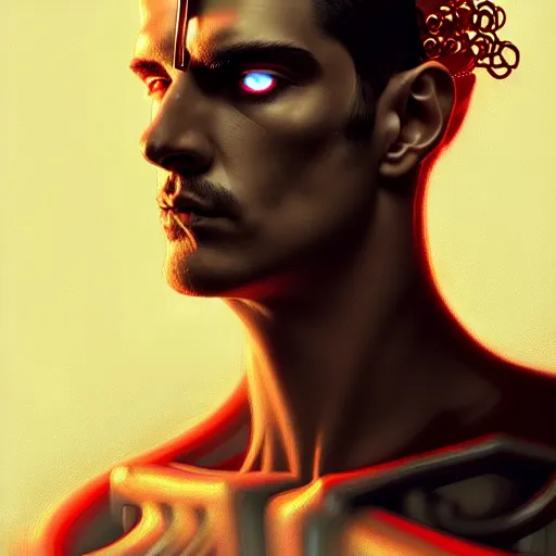 Prompt: man with extremely large and intricate haircut with angry red eyes and slim features looking askance, eye cyberpunk bionics, retro futurist style, intricate, elegant gleaming intricate baroque jewelry, angelic halo, highly detailed, digital painting, artstation, concept art, smooth, sharp focus, illustration, art by wlop, mars ravelo and greg rutkowski,