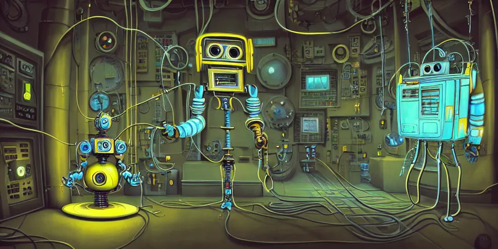 Image similar to happy Funny cartoonish steampunk robot with neon cables at a nuclear control room, by Gediminas Pranckevicius and Felix-Kelly H 704