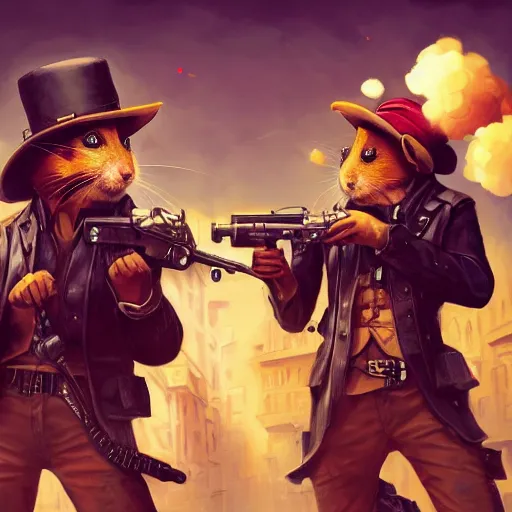 Image similar to oil painting of two hamsters holding guns, berets, medium shot, steampunk clothes, steampunk city background, sharp focus, fantasy style, octane render, volumetric lighting, 8k high definition, by greg rutkowski, highly detailed, trending on art Station, explosions, centered